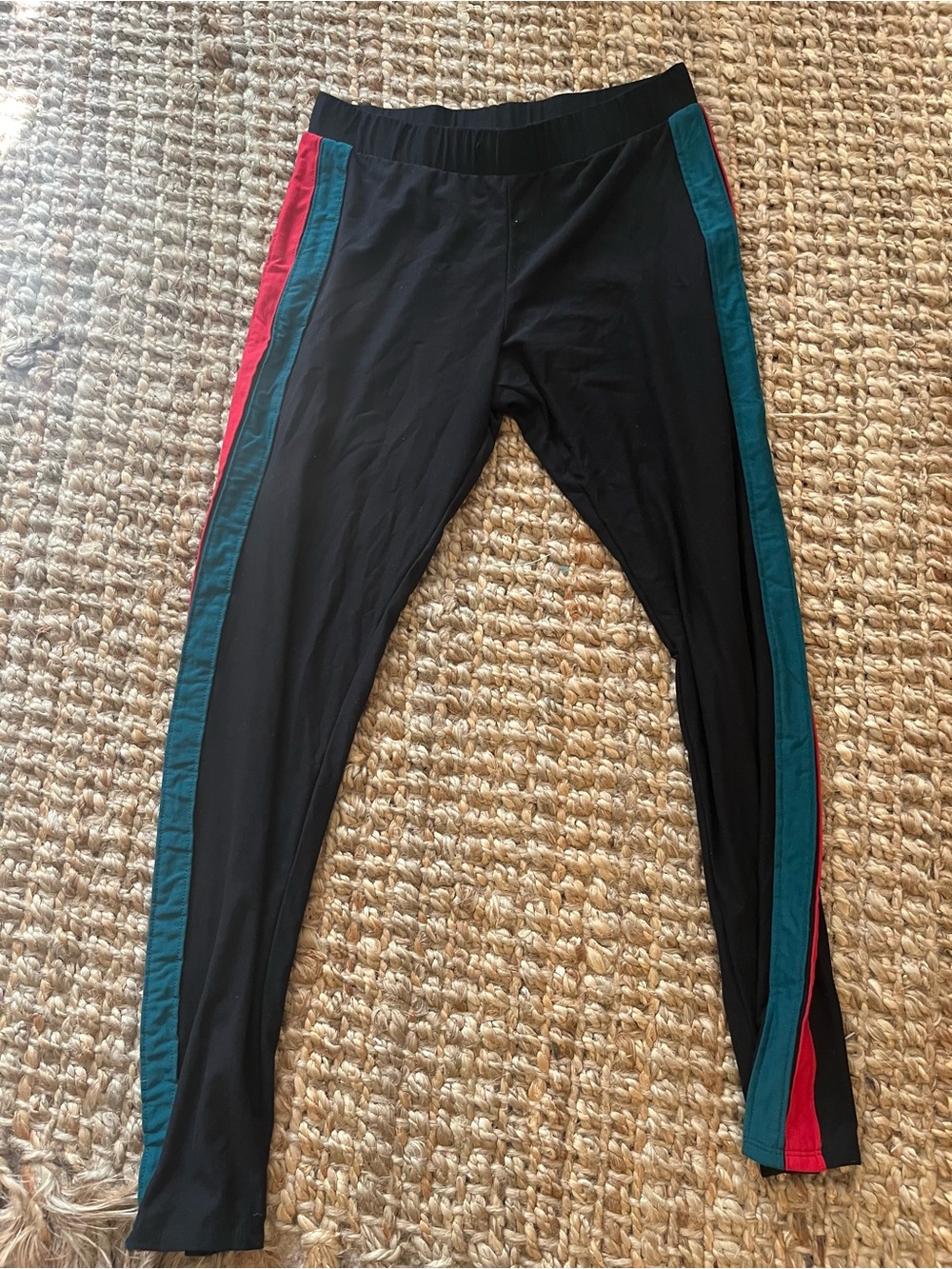 Fashion Nova Black Leggings with Teal and Red Side Stripes